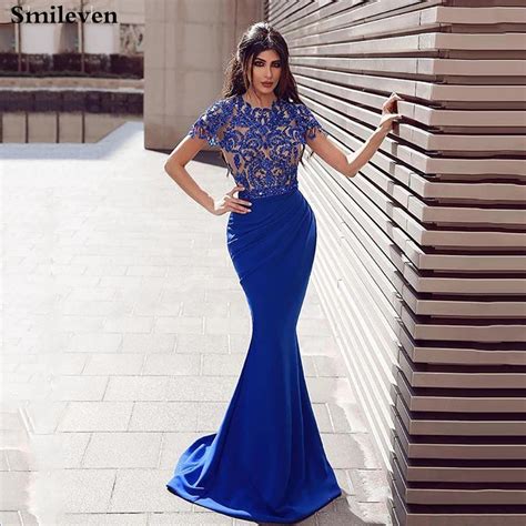 Smileven Royal Blue Mermaid Evening Gowns Saudi Arabia Cap Sleeve