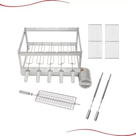 Kit Churrasco Combo Gira 5 Espetos Inox Rotativo Brasa Grill Lado Do