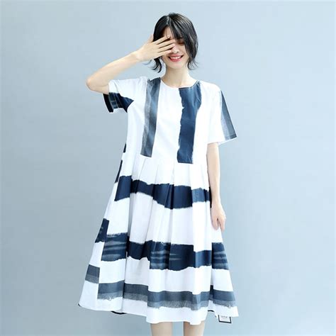 Round Neck Blue White Wide Stripe Women Summer Cotton Casual Loose Fit