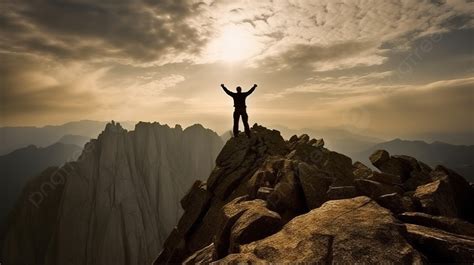 Person Standing On Top Of A Mountain With Hands Raised Background