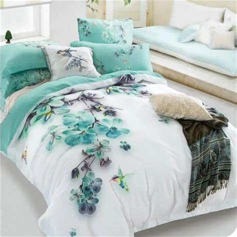 P Le Turquoise Floral Et Oiseaux Impression Ensembles De Literie Reine