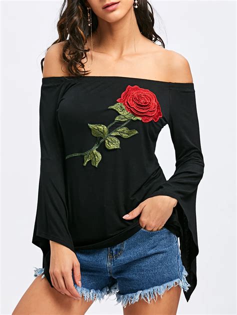 Gamiss Women Off The Shoulder Floral Embroidery Flare Sleeve T Shirts