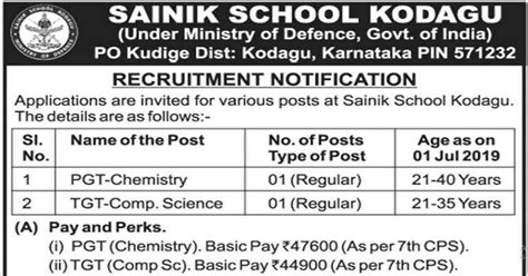 Sainik School Kodagu Recruitment 2019 Apply for 02 PGT & TGT Posts