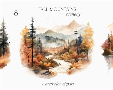 Watercolor Fall Mountain Clipart Autumn Mountain Scenery Clipart Fall