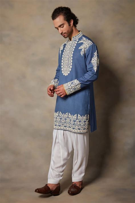 Gargee Designers Embroidered Kurta Set Blue Floral Moonga Silk