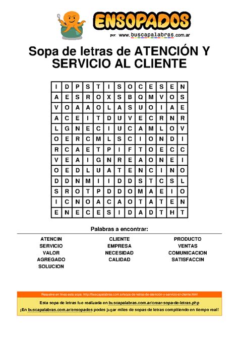 Sopa de letras de atención y servicio al cliente Sopa de letras de