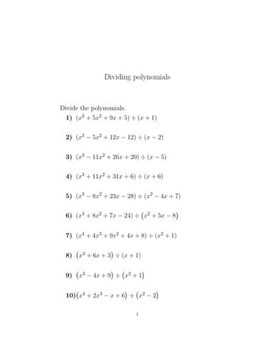 Dividing Polynomials Worksheet With Solutions Teaching Resources