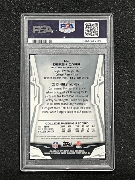 Derek Carr Topps Chrome Rookie Autograph Sp Psa Gem Mint