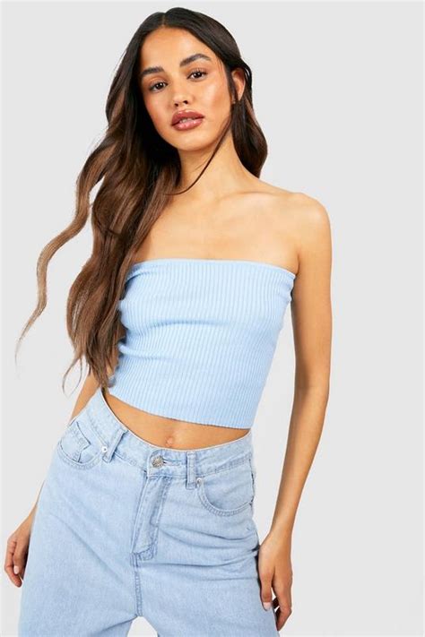 Cornflower Rib Knit Bandeau Top Boohoo Uk