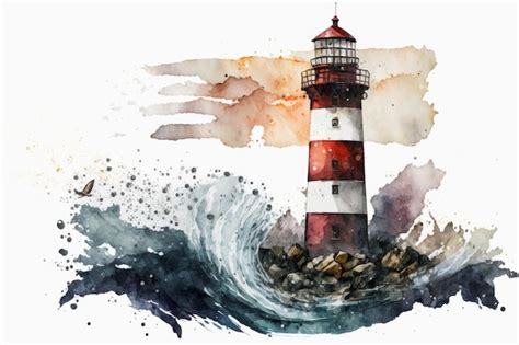 Premium AI Image A Watercolor Lighthouse Painting With A Wave