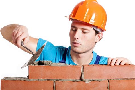 Construction Mason Installing Red Brick Stock Photo - Image of handsome ...