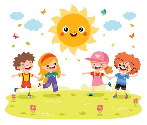 Niños jugando en la naturaleza con sol Vector Premium