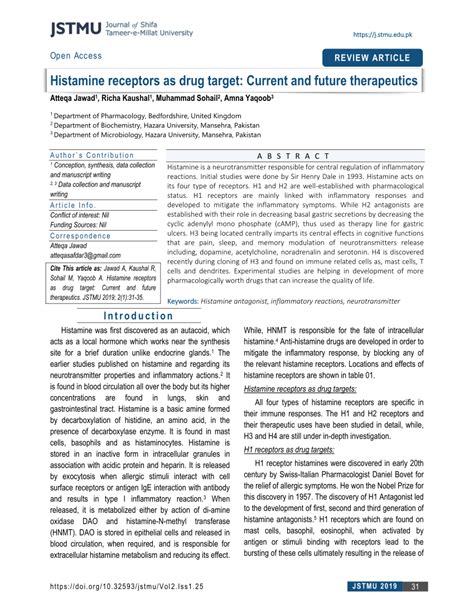 Pdf Histamine Receptors As Drug Target Current And Future Therapeutics