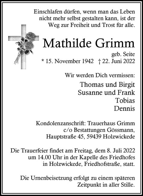 Traueranzeigen Von Mathilde Grimm Sich Erinnern De