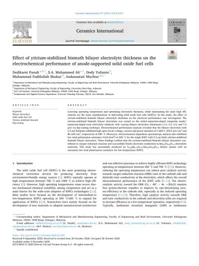 Effect Of Yttrium Stabilized Bismuth Bilayer Electrolyte Thickness On