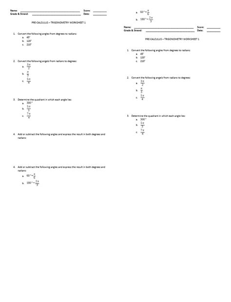 Trigonometry Worksheet 1 Pdf Angle Units Of Measurement