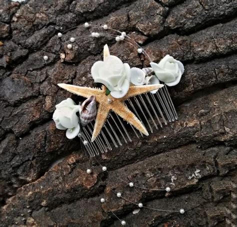 Bridal Comb Beach Wedding Seashell Starfish Pearls Roses Wedding