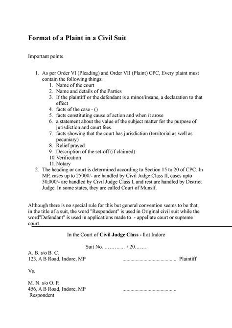 Format Of A Plaint In Aaa Civil Suit Format Of A Plaint In A Civil