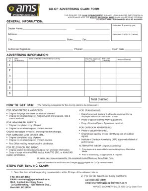 Fillable Online CO OP ADVERTISING CLAIM FORM Ams Merlo Fax Email