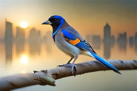 Un pájaro con plumas azules y naranjas está sentado en una rama Foto