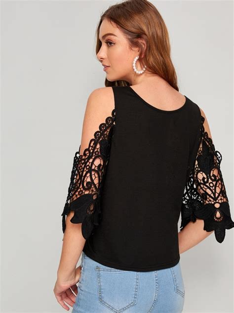 Shein Clasi Cold Shoulder Guipure Lace Panel Solid Top Shein Usa