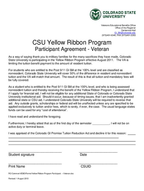 Fillable Online Registrar Colostate Yellow Ribbon Program Thomas