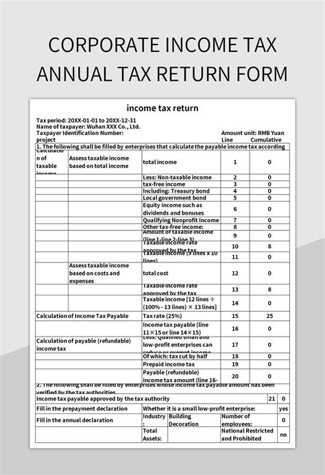 Corporate Income Tax Annual Tax Return Form Excel Template And Google