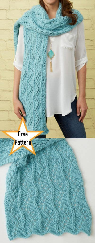 a woman wearing a blue knitted scarf with the words free pattern ...