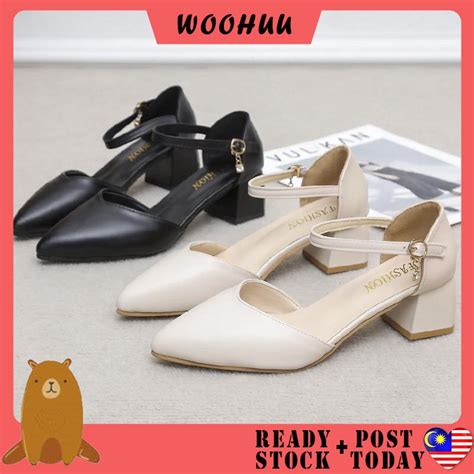 Ready Stock Woohuu Mid Heel Block Heel Ol Cover Pointed Toe Pump Women