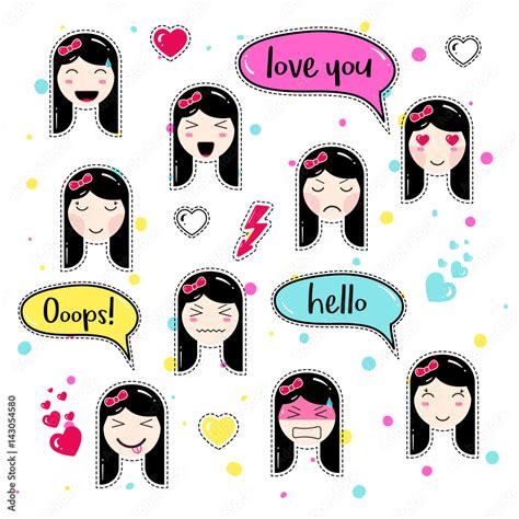 Vecteur Stock Set Of Cute Patch Badges Girl Emoji With Different