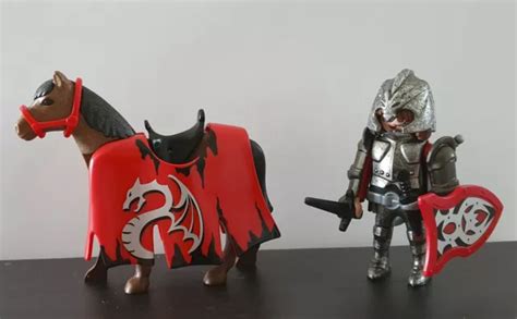 PLAYMOBIL CHEVALIER ROUGE Dragon Argent Cheval Armes Moyen Age