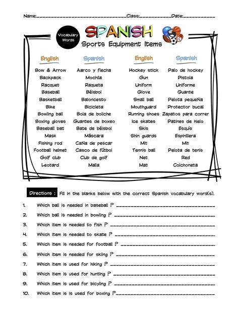 Spanish Sports Equipment Vocabulary Word List Worksheet Answer Key