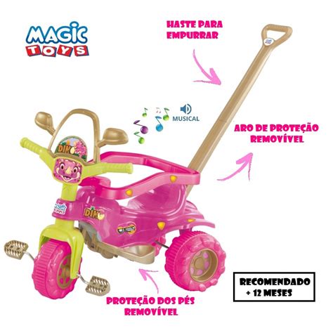 Triciclo Infantil Motoca Velotrol Dino Pink Musical C Prote O Haste