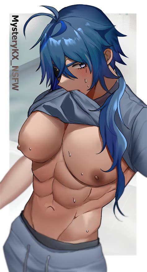 Rule 34 Abs Blue Hair Eyepatch Gynecomastia Kaeya Genshin Impact Large Pectorals Male Only