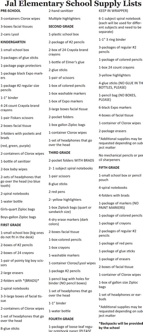 School Supply List The Jal Record