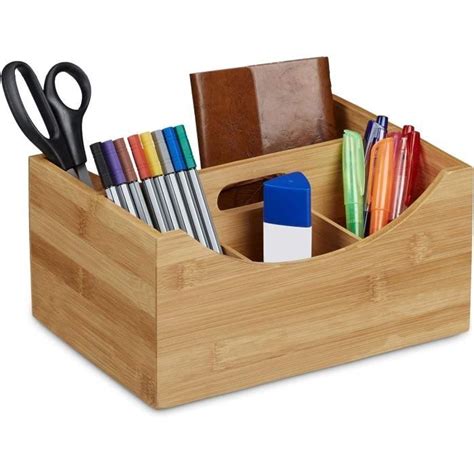 Organiseur De Bureau En Bambou Pot Crayons Compartiments Poign E