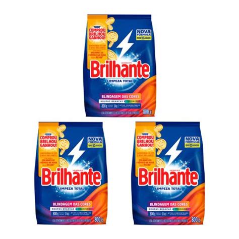 Detergente em pó lava roupas Brilhante limpeza total 800g Kit 03