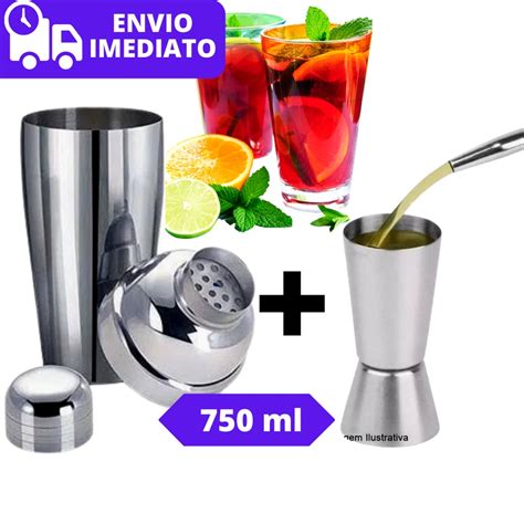 Kit Coqueteleira 750ml Aço Inox 3 Peças Dosador Medidor de Bebidas