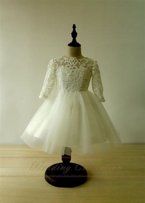 Ivory Flower Girl Dress Lace Tulle Knee Length With Long Sleeves