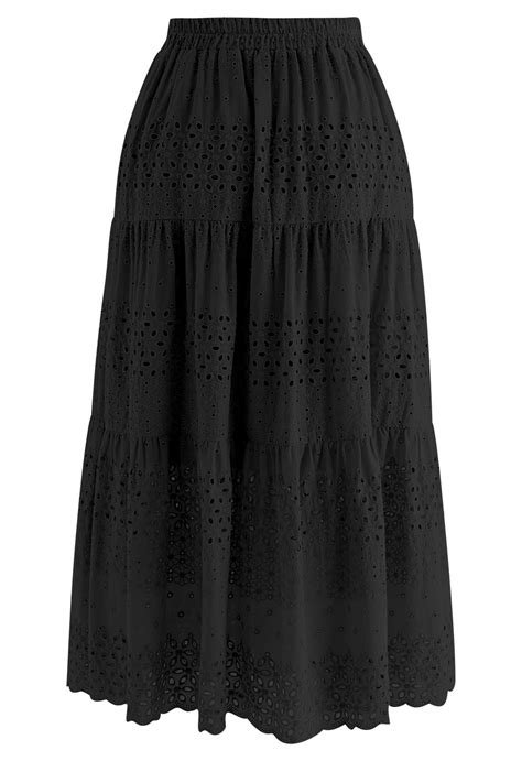 Floret Embroidered Eyelet Cotton Midi Skirt In Black Retro Indie And