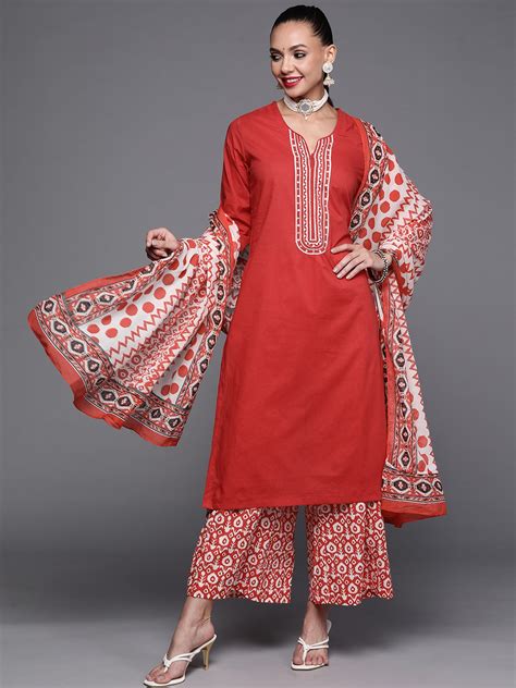 Buy Biba Women Red Ethnic Motifs Printed Thread Work Pure Cotton Kurta