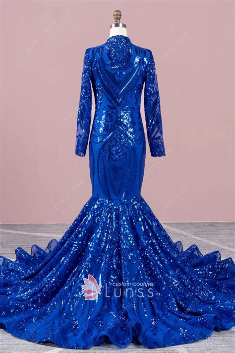 Iridescent Royal Blue Sequin Plunging Neck Prom Dress Lunss