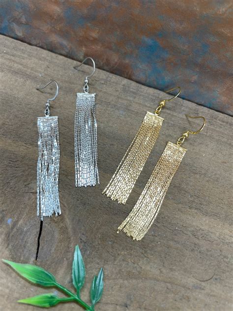 Flat Tassel Waterfall Shimmery Earrings Brass Stainless Steel Tarnish Free Hypoallergenic Silver