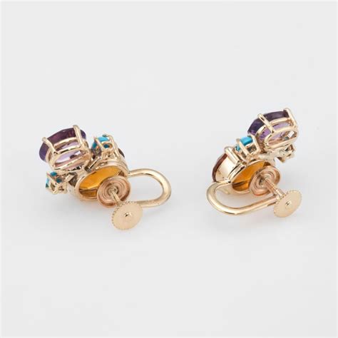 Gemstone Cluster Earrings 14 Karat Gold Citrine Amethyst Turquoise Estate at 1stDibs