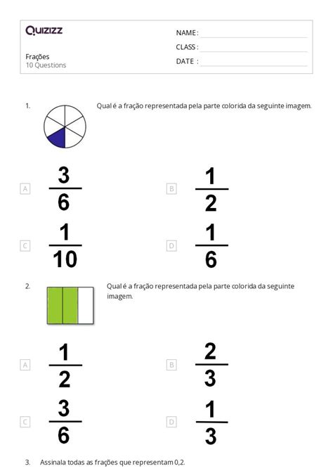 Frações Equivalentes Imprimível 1ª Série Planilhas Quizizz