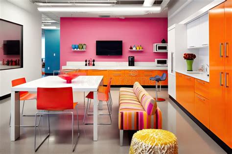 Office Space With Sleek Modern Furnishings And Bold Colors Stock