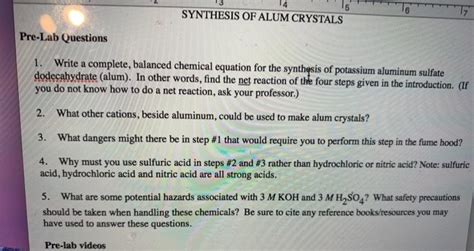 Solved SYNTHESIS OF ALUM CRYSTALS Pre Lab Questions 1 Write Chegg