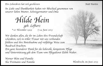 Traueranzeigen Von Hilde Hein Wirtrauern