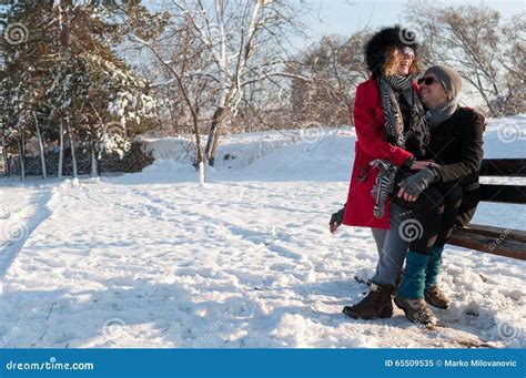 Couple Sitting On Bench In Winter Stock Image Image Of Snow Nature 65509535