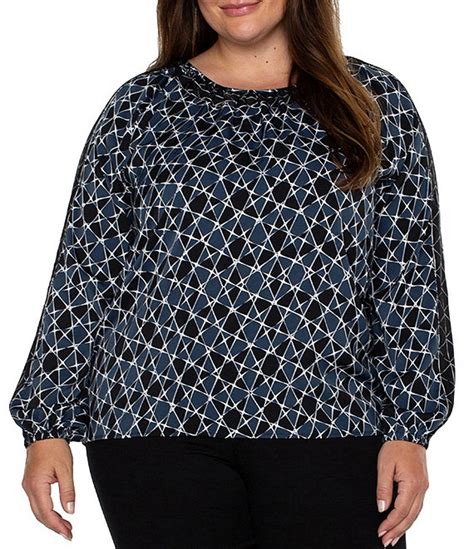 Liverpool Los Angeles Plus Size Celestial Print Shirred Crew Neck Long